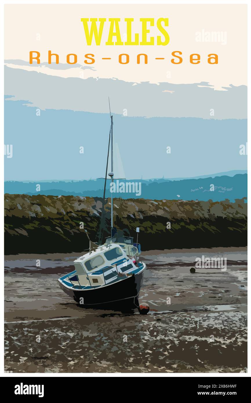 Affiche de voyage rétro inspirée de WPA de petits bateaux amarrés dans le port de Rhos-on-Sea, pays de Galles, Royaume-Uni à marée basse. Illustration de Vecteur