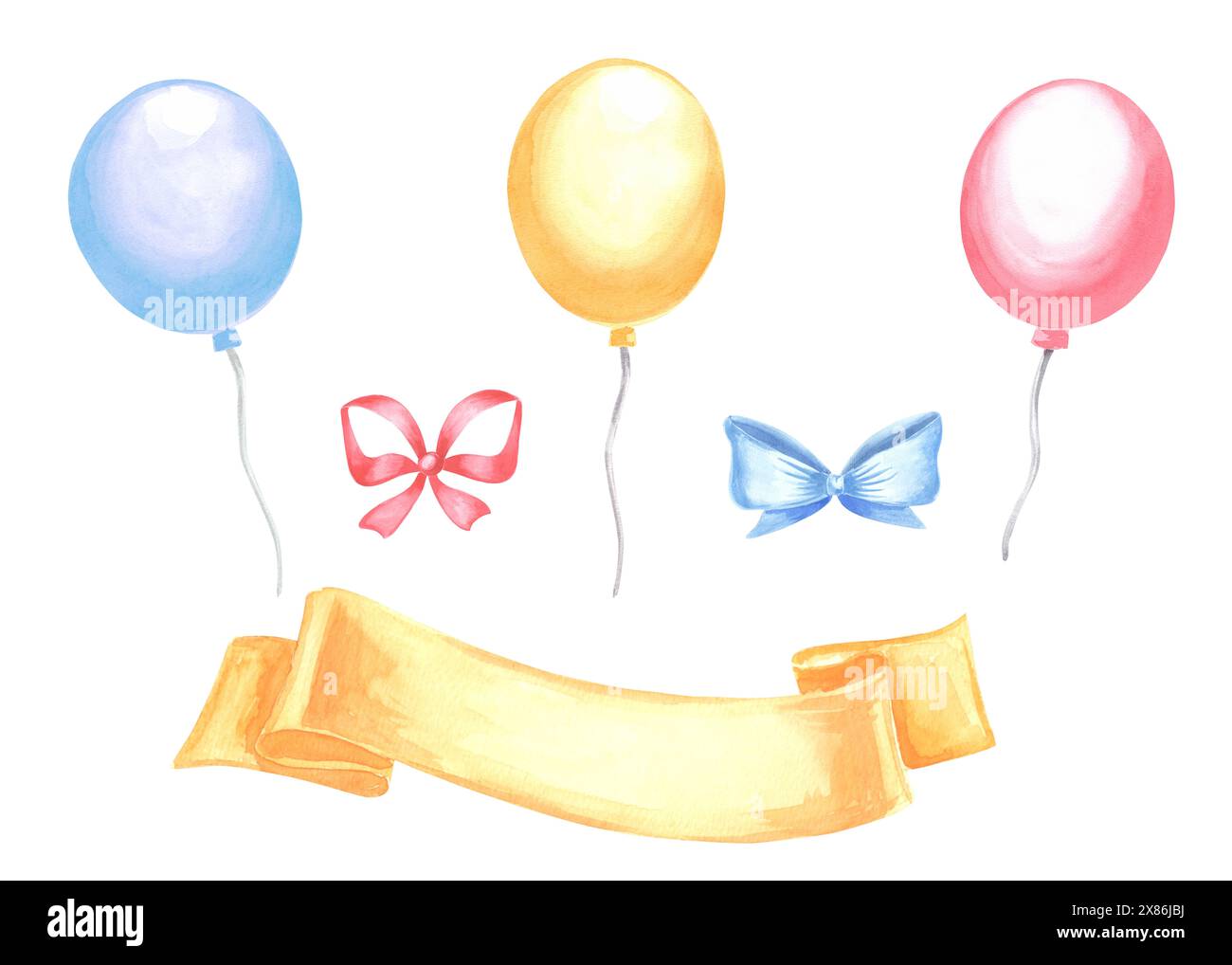 Ballons d'hélium avec des noeuds et bannière ruban Happy Birthday clipart collection. Ensemble festif d'illustrations d'aquarelle dessinées à la main. Modèle isolé de h. Banque D'Images