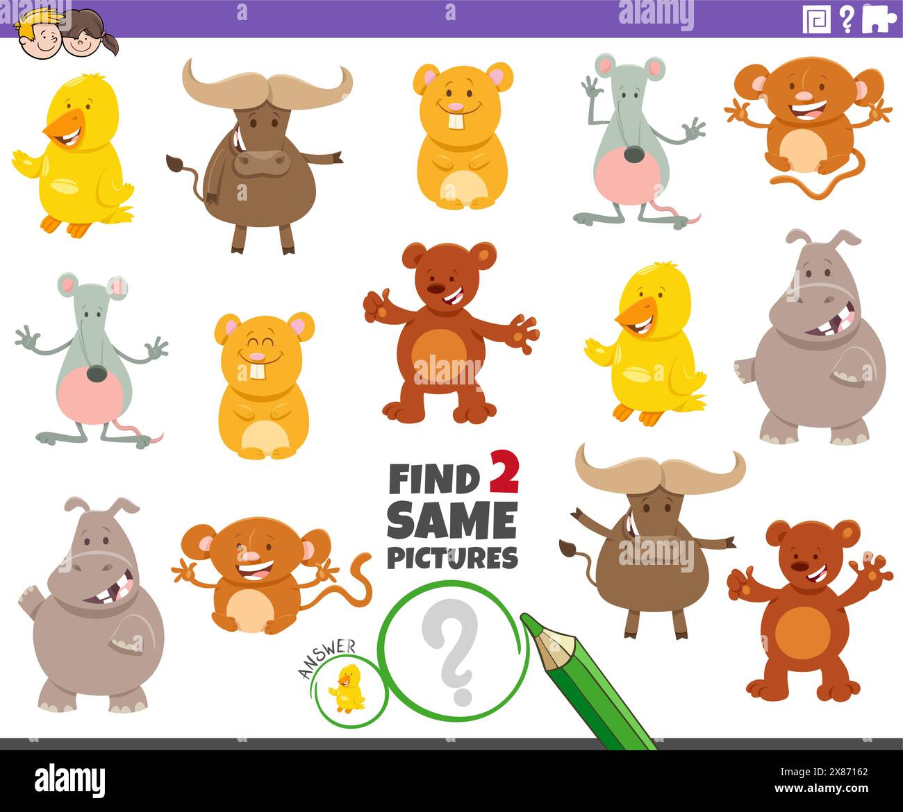 Illustration de dessin animé de trouver deux mêmes images activité éducative avec des personnages animaux Illustration de Vecteur