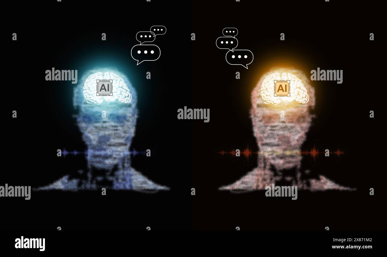 Deux IA se parlent. Conversation entre deux intelligences artificielles. Modèle interactif d'IA conversationnel. Banque D'Images