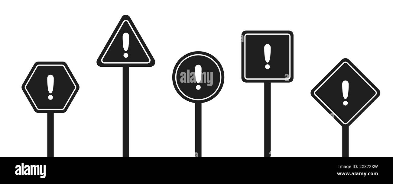 Ensemble de panneaux routiers noirs ronds, carrés, rhombiques, triangulaires et hexagonaux avec point d'exclamation. Signe d'avertissement. Icônes vectorielles pour l'avertissement sur le situ Illustration de Vecteur