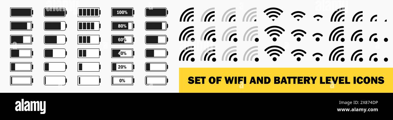 Ensemble de l'icône de barre mobile d'état. Niveau du signal Wi-Fi. Signe de charge de la batterie, indicateur Internet d'état du réseau mobile et de l'antenne sans fil. Illustration vectorielle Illustration de Vecteur