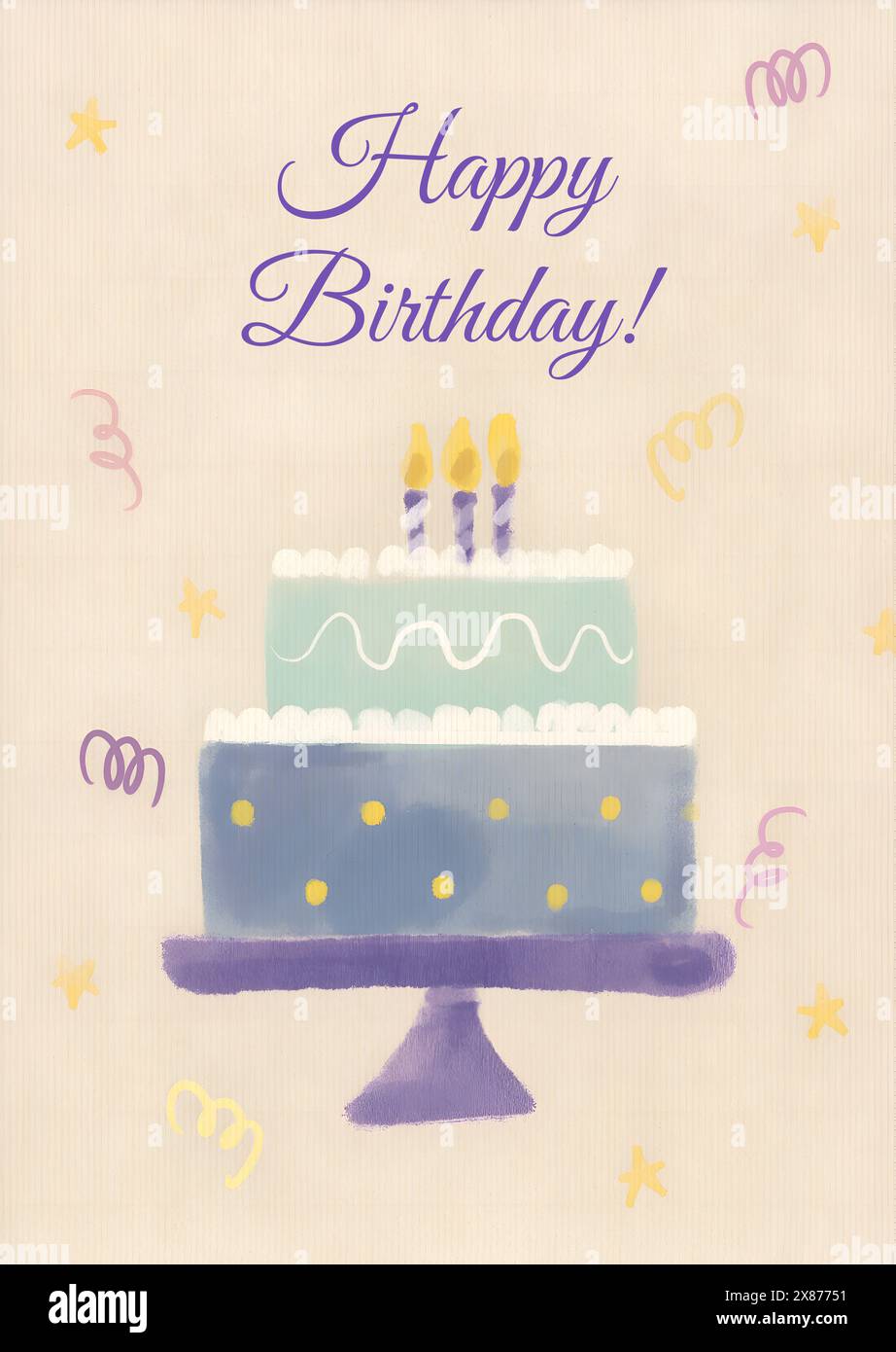 Carte postale gâteau de joyeux anniversaire. Illustration matricielle de fond de vacances de célébration. Carte d'anniversaire mignonne à l'aquarelle. Banque D'Images