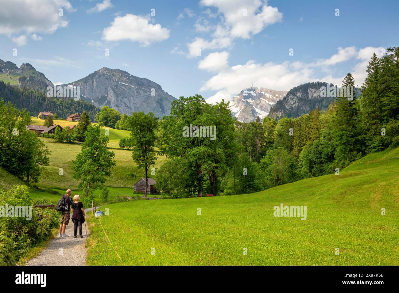 Randonneurs sur le sentier pédestre regardant la montagne Santis Banque D'Images