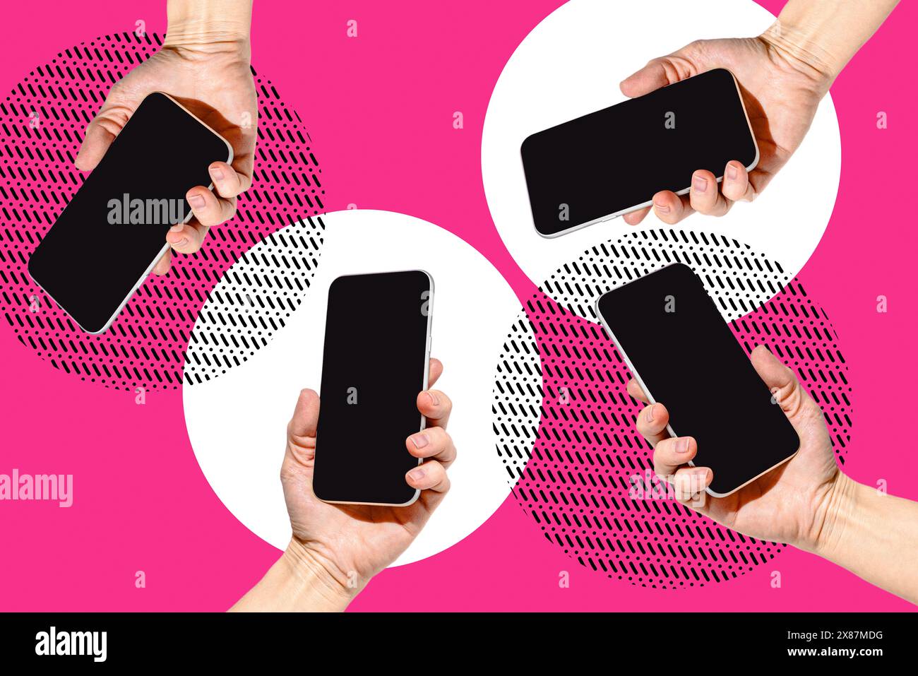 Quatre mains tenant des téléphones intelligents sur fond rose Banque D'Images