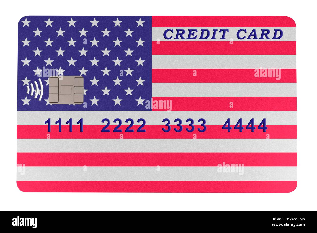 Carte de crédit en plastique en forme de drapeau américain (gros plan sur fond blanc). Paiement par carte de crédit en ligne pour les achats dans les boutiques en ligne Banque D'Images