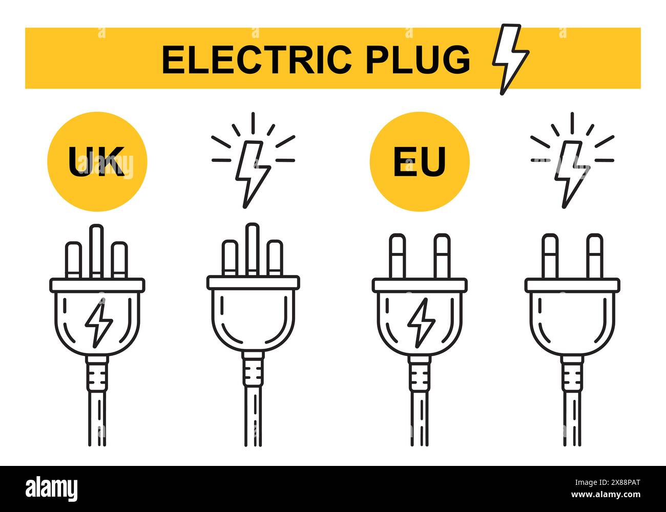 Prise électrique prise électrique UK eu, câble AC de puissance de sortie britannique européenne, énergie électrique. Anglais Europe icône de ligne d'adaptateur de fil d'électricien Illustration de Vecteur