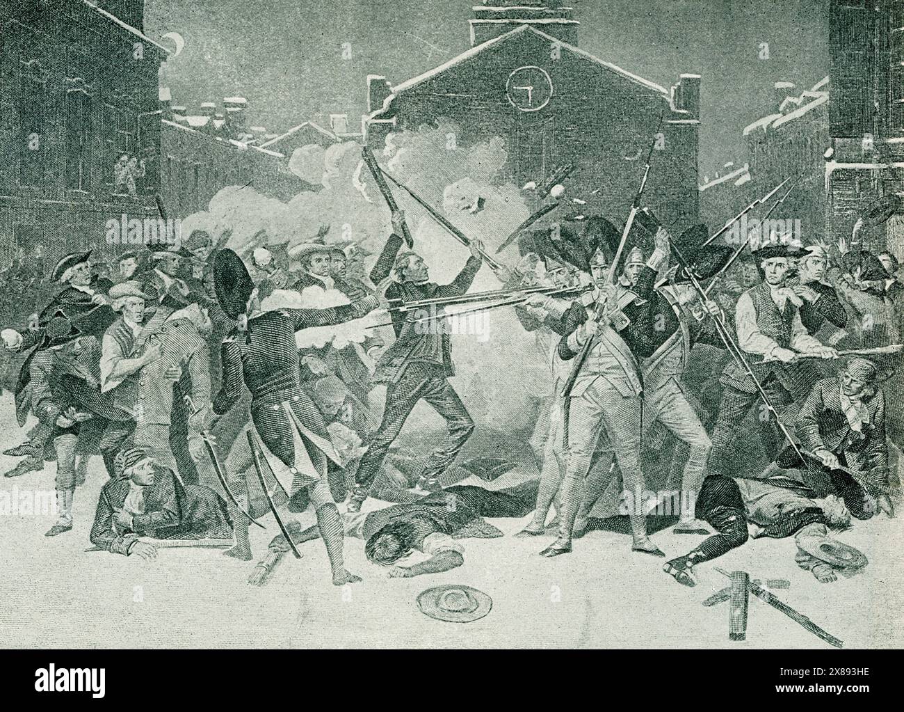 Le massacre de Boston est une bagarre de rue qui a eu lieu le 5 mars 1770, entre une foule «patriote», lançant des boules de neige, des pierres et des bâtons, et une escouade de soldats britanniques. Plusieurs colons Banque D'Images