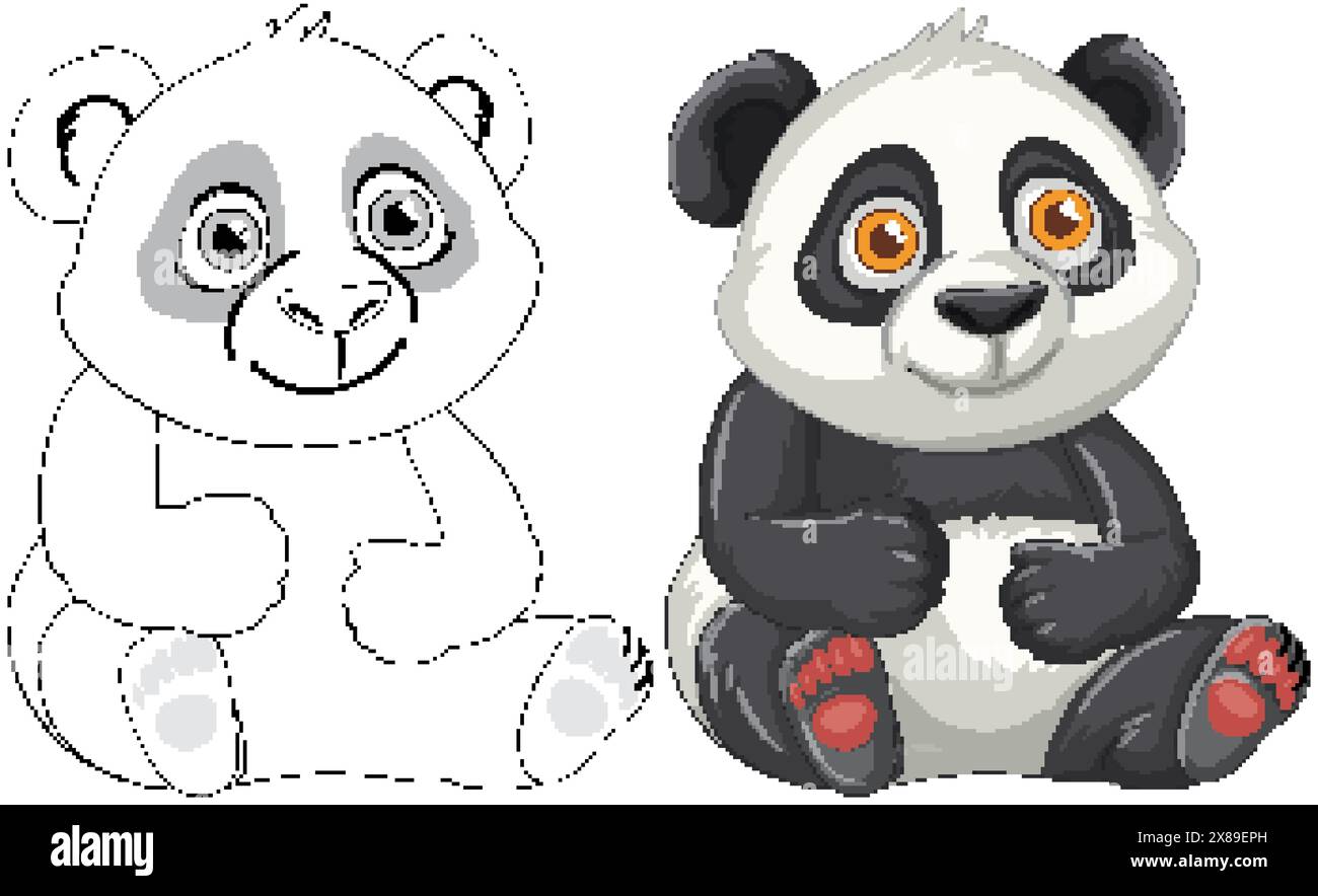 Adorable panda avec des versions colorées et esquissées Illustration de Vecteur