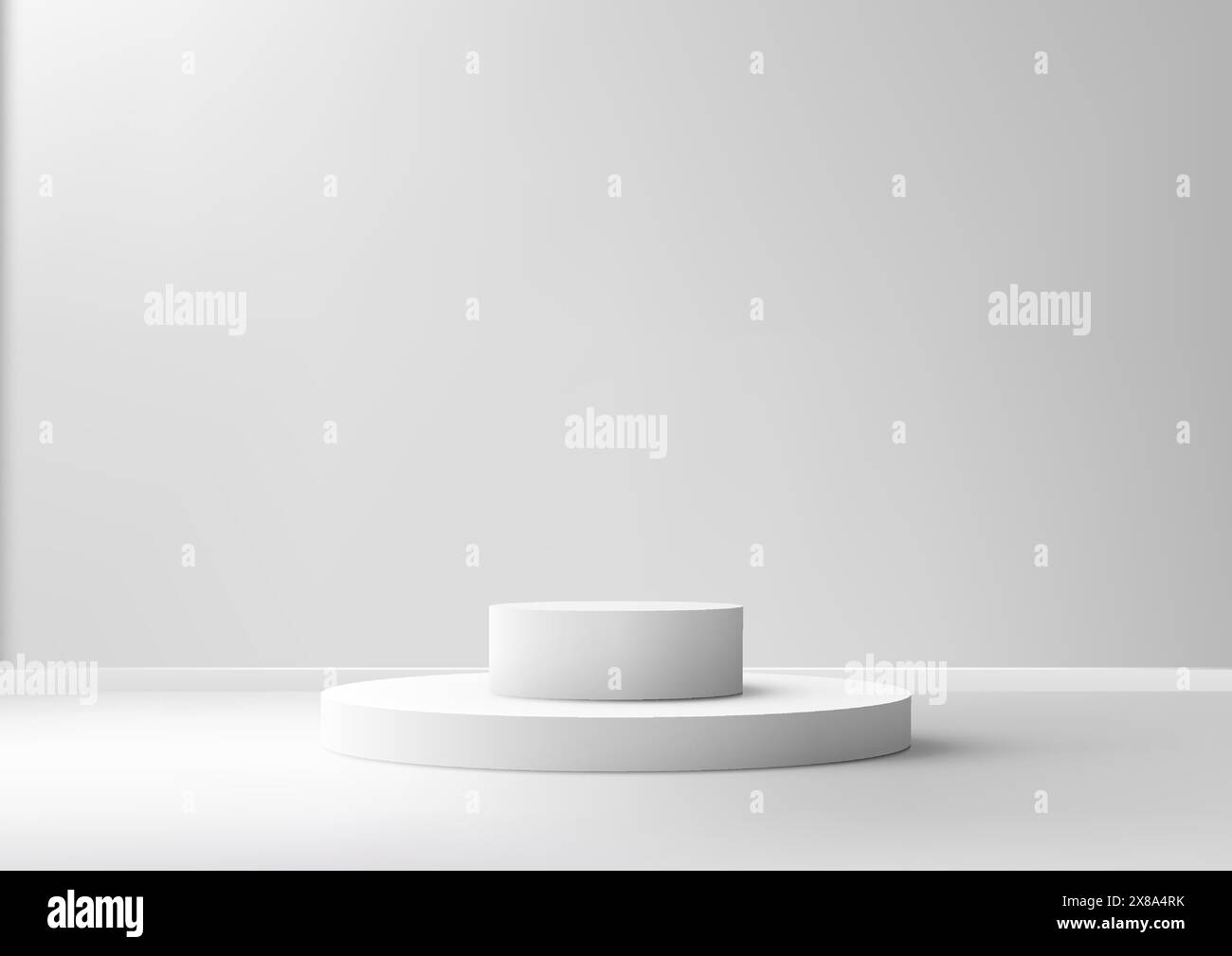 Escalier de podium blanc 3D avec une lumière brille dessus, contre un fond de mur blanc, style minimal, affichage de produit, maquette, salle d'exposition, vitrine Illustration de Vecteur