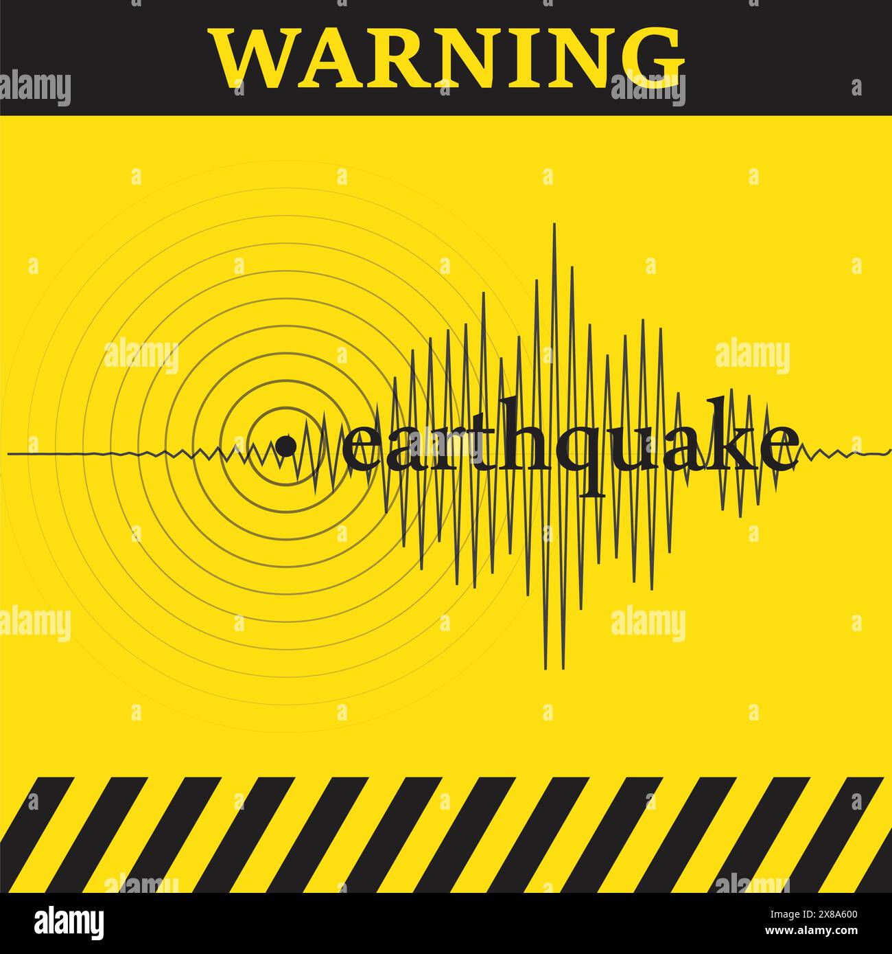 Symbole d'avertissement sur fond jaune avec des ondes sismographiques et des tremblements de terre de texte Illustration de Vecteur