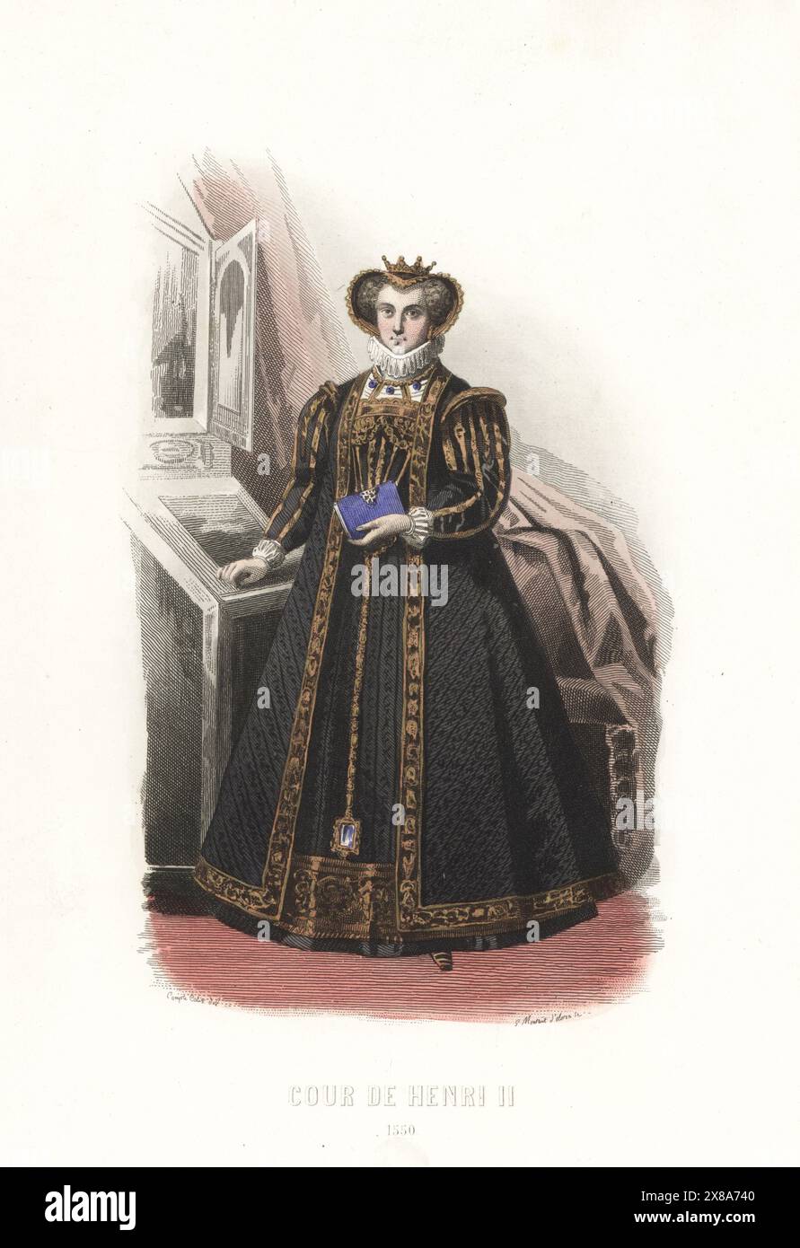 Catherine de Médicis, reine du roi Henri II de France de 1547 à 1559. En caul avec couronne, col à volants, manteau et robe avec broderie dorée. Cour de Henri II, 1550. Gravure sur acier colorée à la main par Gabriel Xavier Montaut d’après une illustration de François Claudius compte-Calix tirée de l’album Keepsake des costumes de la cour française depuis Charles VII jusqu’à Louis XVI, album Keepsake of French court costumes from Charles VII to Louis XVI, modes Parisiennes, Paris, 1854. Banque D'Images