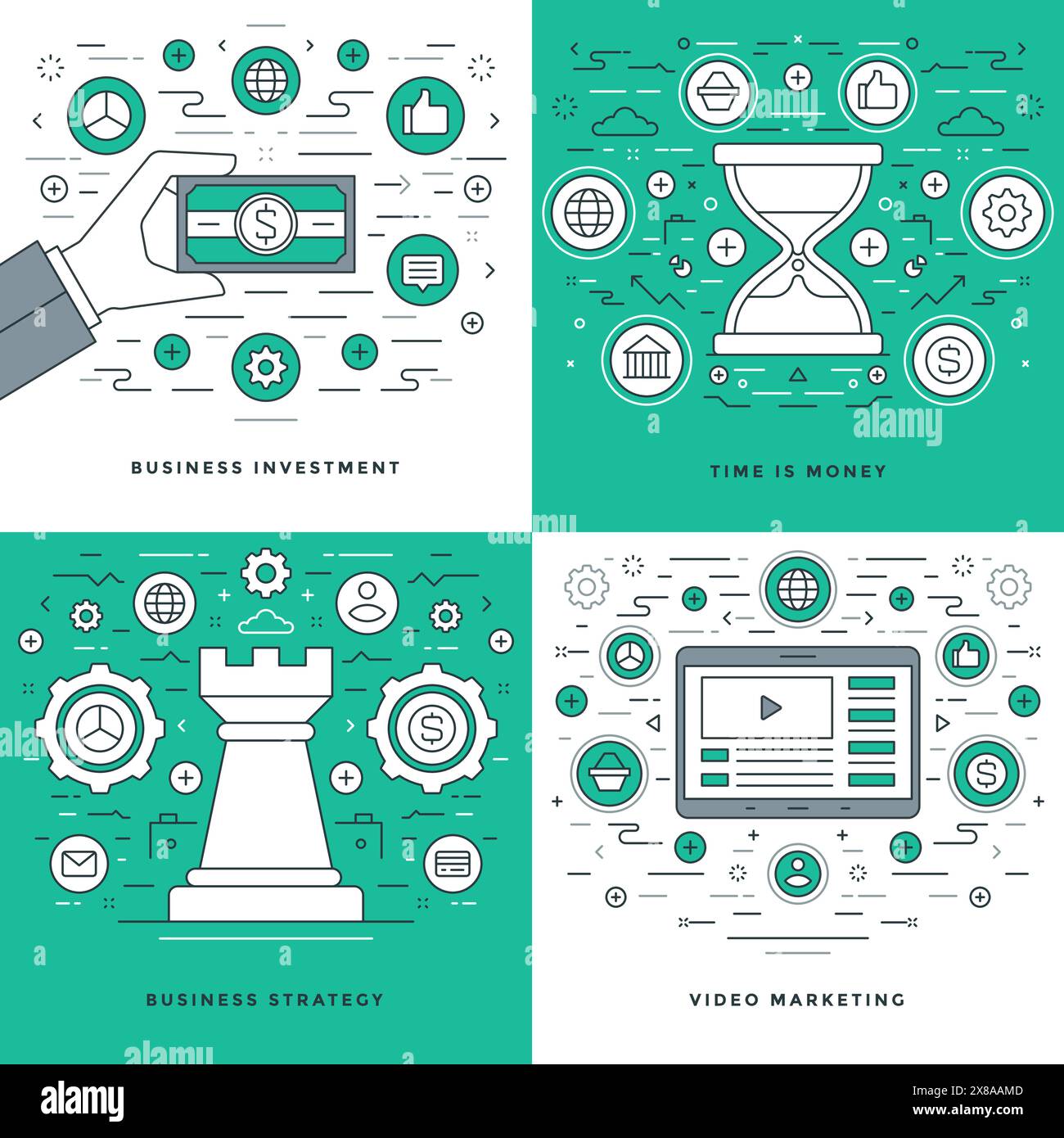 Flat Line Stratégie, investissement, gestion du temps concepts d'affaires Set illustrations vectorielles. Icônes vectorielles linéaires minces modernes. En-tête du site Web GRA Illustration de Vecteur