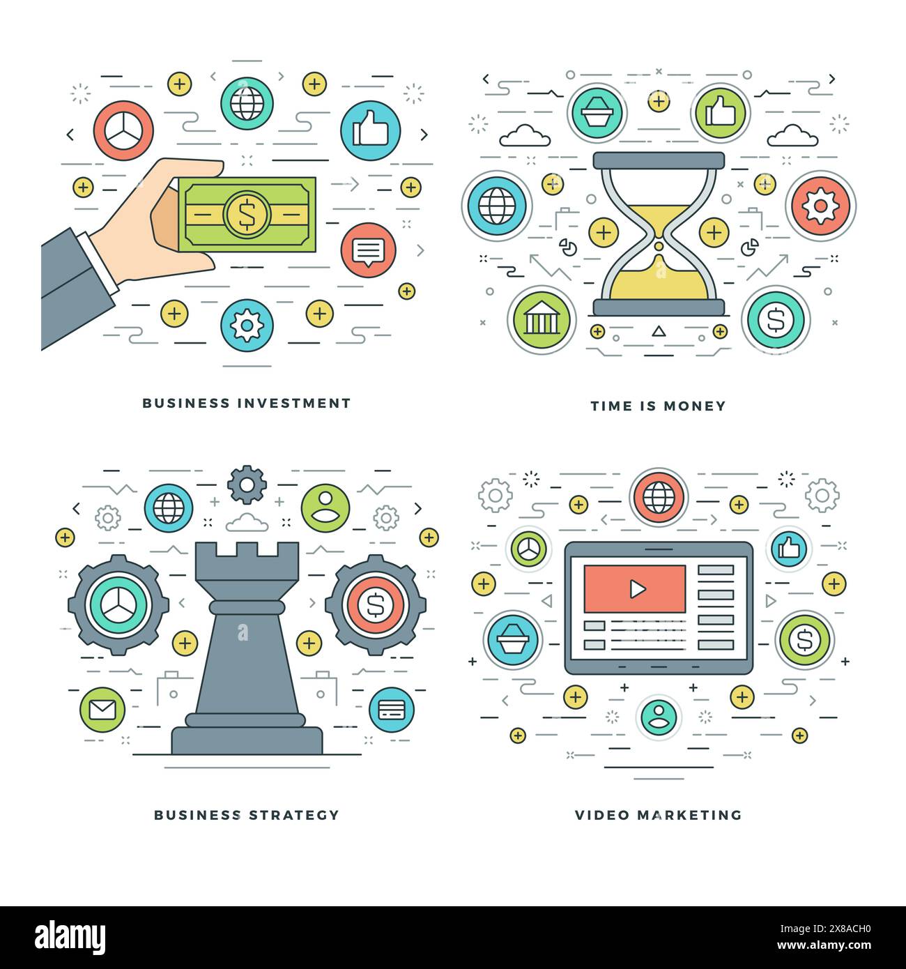 Flat Line Stratégie, investissement, gestion du temps concepts d'affaires Set illustrations vectorielles. Icônes vectorielles linéaires minces modernes. En-tête du site Web GRA Illustration de Vecteur