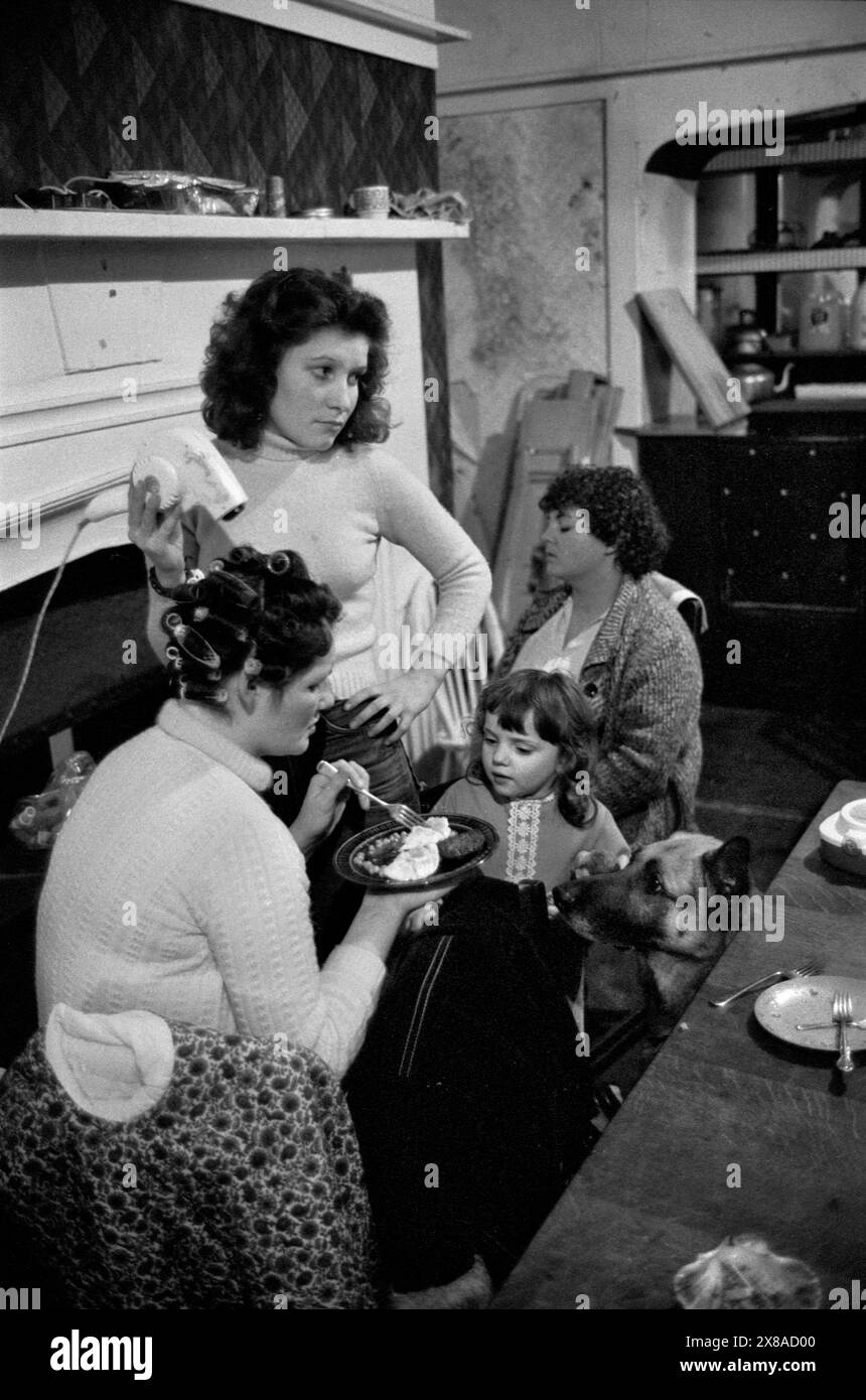 Chiswick Women's Aid. Une famille comprenant leur chien de compagnie. Il y avait une politique de la porte ouverte à Chiswick Women’s Aid ; les femmes victimes d’abus pouvaient simplement se présenter. Ils sont venus avec leurs enfants souvent dérangés et ont parfois été eux-mêmes mentalement endommagés. La communauté offrait un environnement où les femmes vivant dans des circonstances semblables pouvaient apporter un soutien affectif et moral ainsi que de l'amitié. Richmond, Londres, Angleterre vers novembre 1975. 1970S UK HOMER SYKES Banque D'Images