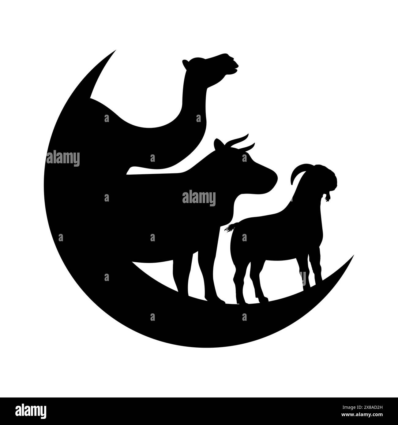Silhouette d'animaux sacrifiés dans l'illustration en croissant pour la conception de célébration de l'Aïd al-Adha Illustration de Vecteur