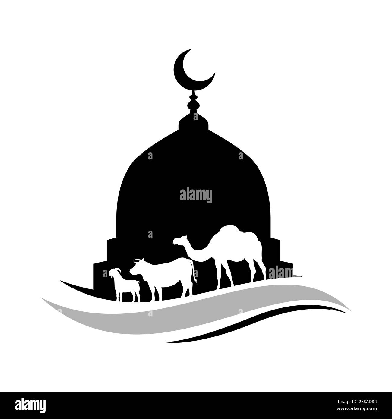 Illustration de célébration de l'Eid al-Adha avec mosquée et silhouette d'animaux de sacrifice. Illustration de Vecteur