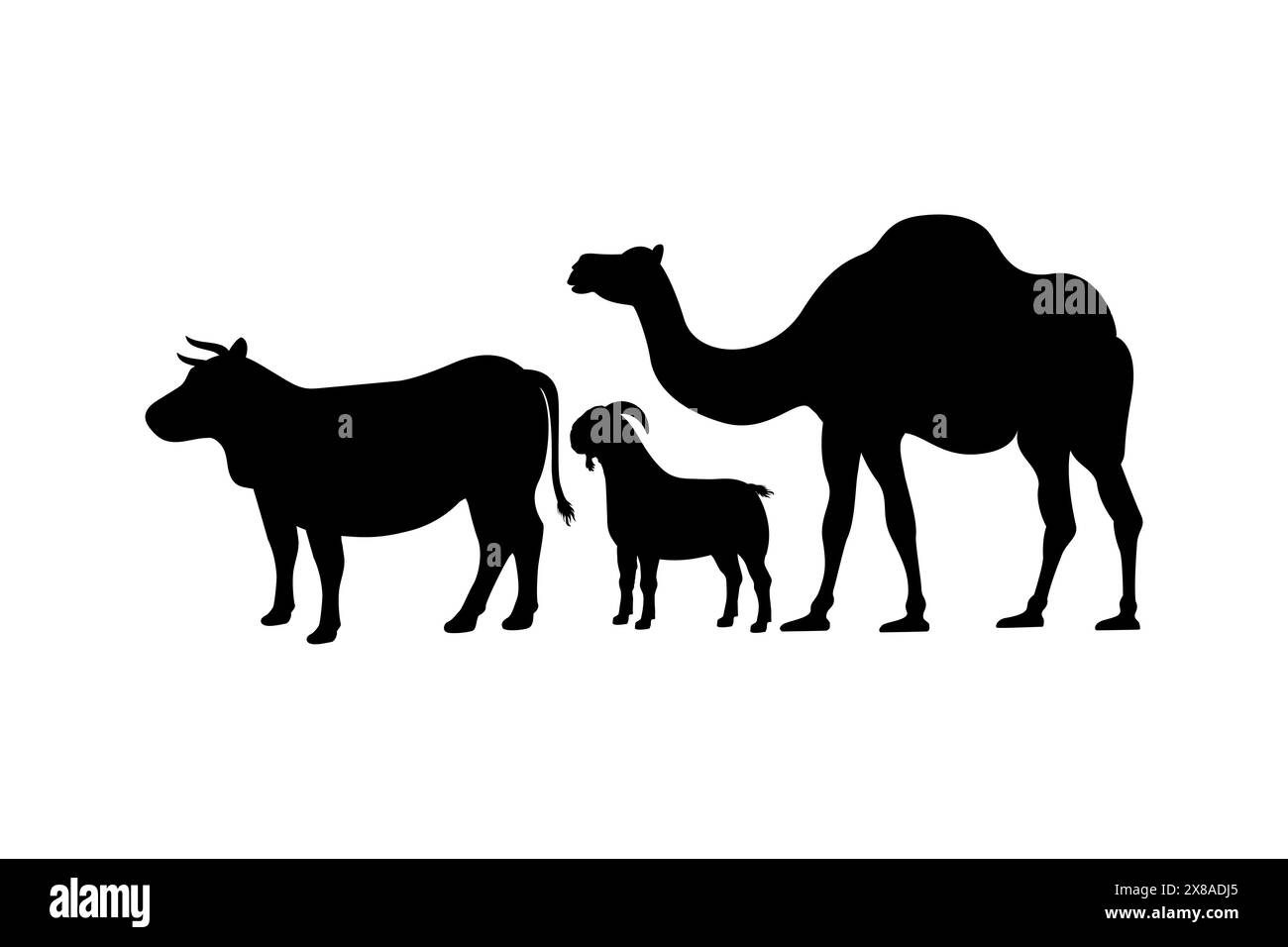 Silhouettes de vache, de chameau et de chèvre pour la conception de stock de ferme. Illustration vectorielle de silhouette d'animal sacrifice d'Eid al-Adha. Illustration de Vecteur