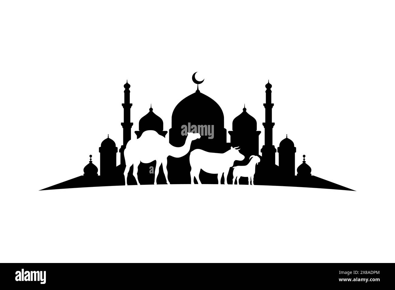 Modèle de fond d'Eid al-Adha Moubarak avec mosquée et silhouette d'animaux sacrifiés. Chameau, vache et chèvre. Illustration de Vecteur