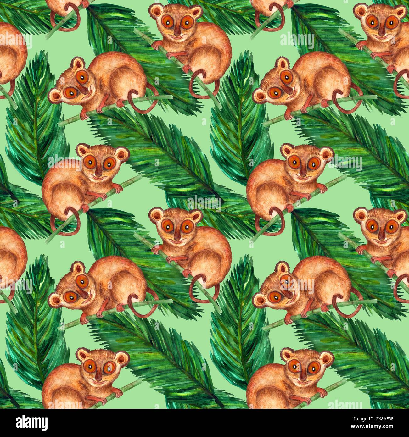 Motif aquarelle sans couture. Nature hyperréaliste des tropiques de l'Asie - tarsier et feuilles de palmier sur un fond vert clair Banque D'Images