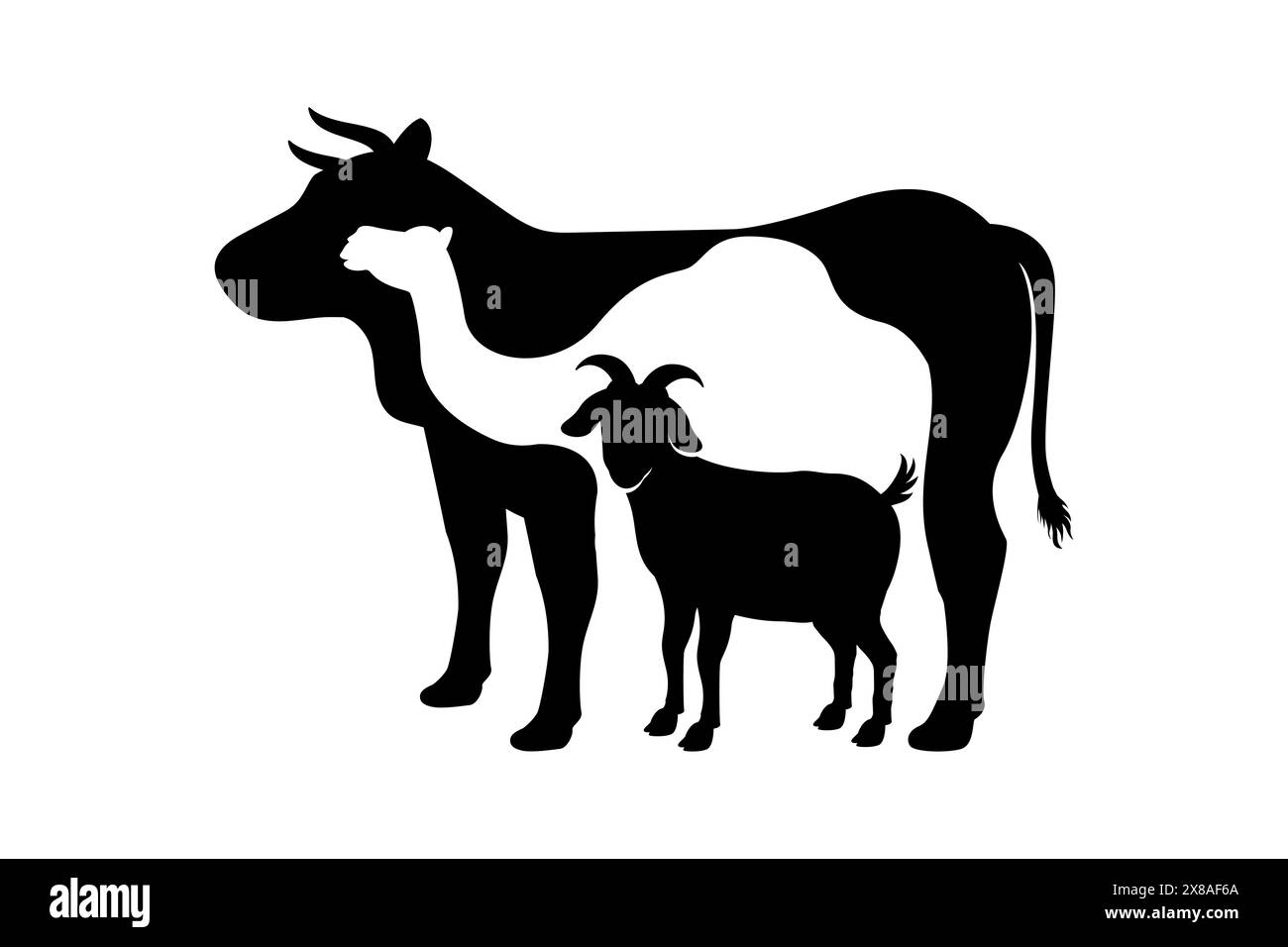 Illustration vectorielle de silhouette d'animal sacrifice d'Eid al-Adha. Silhouette de vache, de chameau et de chèvre dans un style spatial négatif Illustration de Vecteur