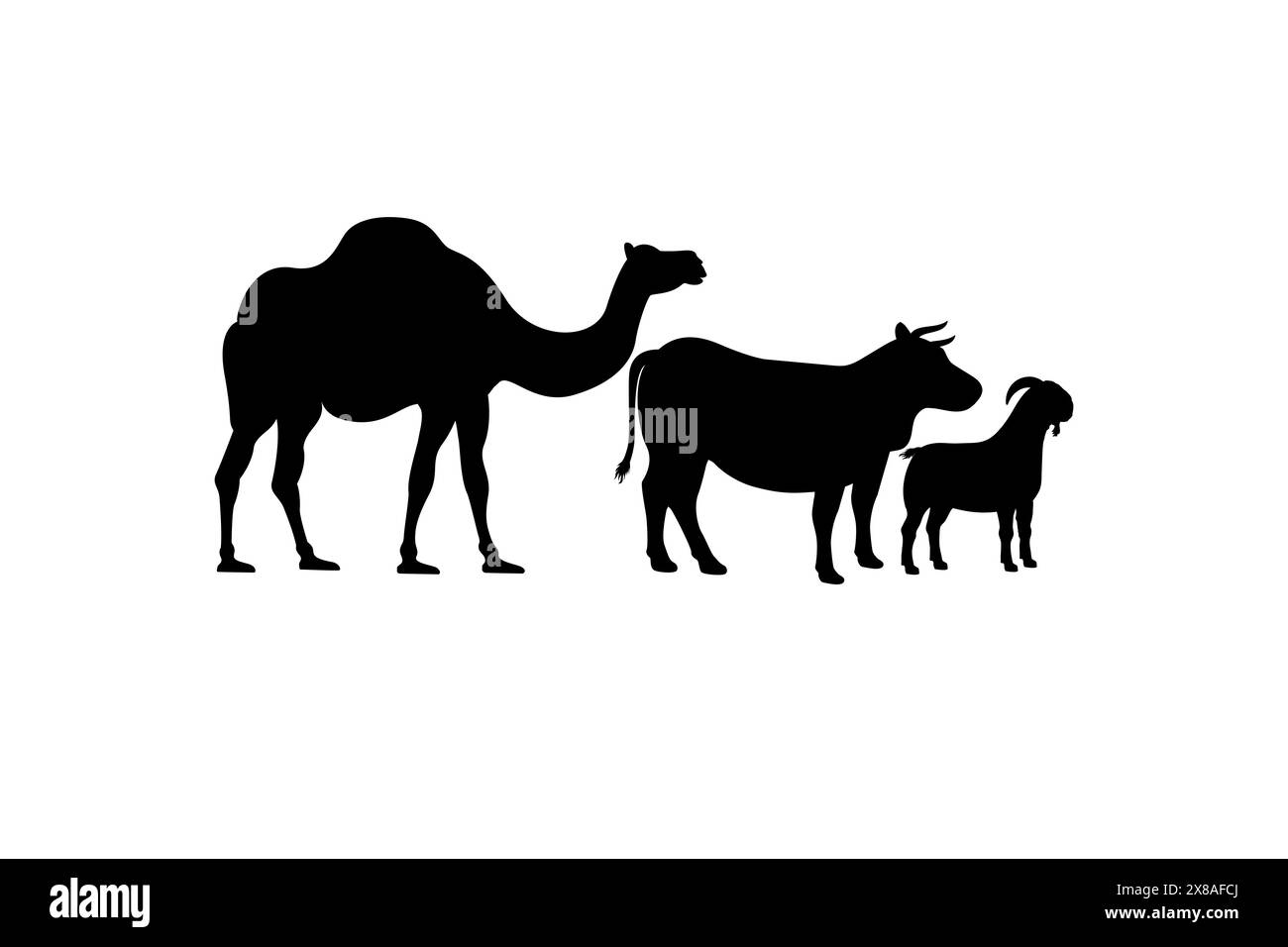 Silhouettes de vache, de chameau et de chèvre pour la conception de stock de ferme. Illustration vectorielle de silhouette d'animal sacrifice d'Eid al-Adha. Illustration de Vecteur