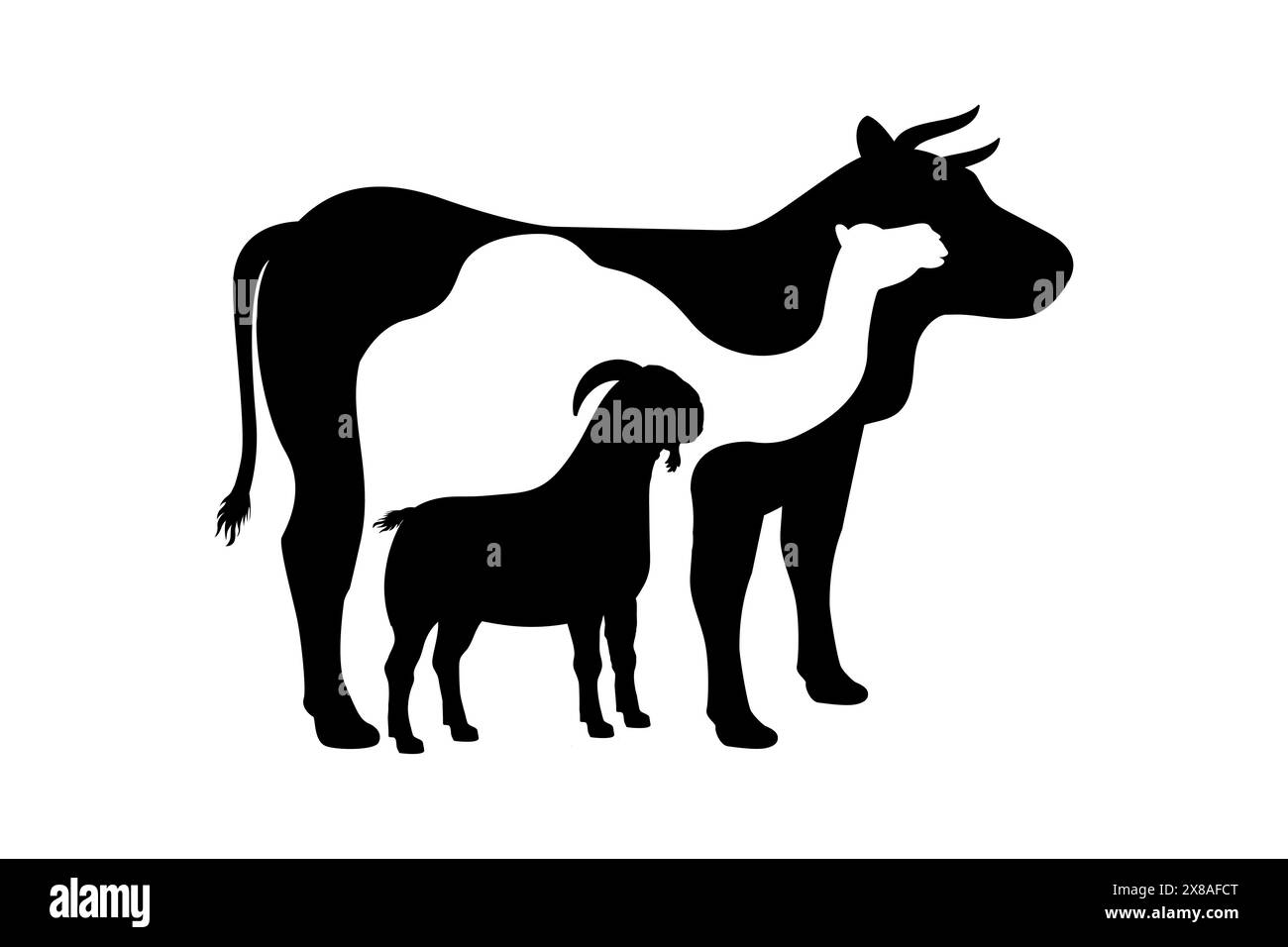 Illustration vectorielle de silhouette d'animal sacrifice d'Eid al-Adha. Silhouette de vache, de chameau et de chèvre dans un style spatial négatif Illustration de Vecteur