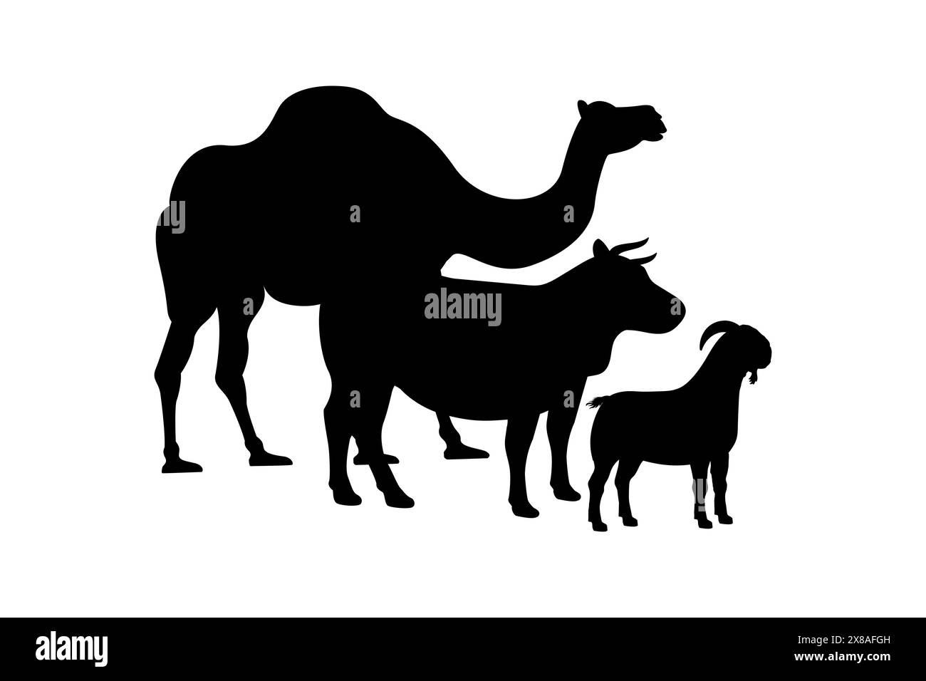 Silhouettes de vache, de chameau et de chèvre pour la conception de stock de ferme. Illustration vectorielle de silhouette d'animal sacrifice d'Eid al-Adha. Illustration de Vecteur