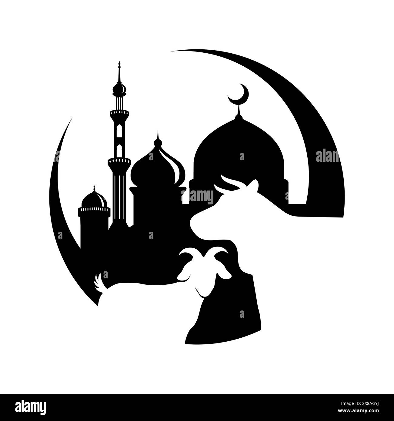 Illustration de célébration de l'Eid al-Adha avec mosquée et silhouette d'animaux de sacrifice Illustration de Vecteur