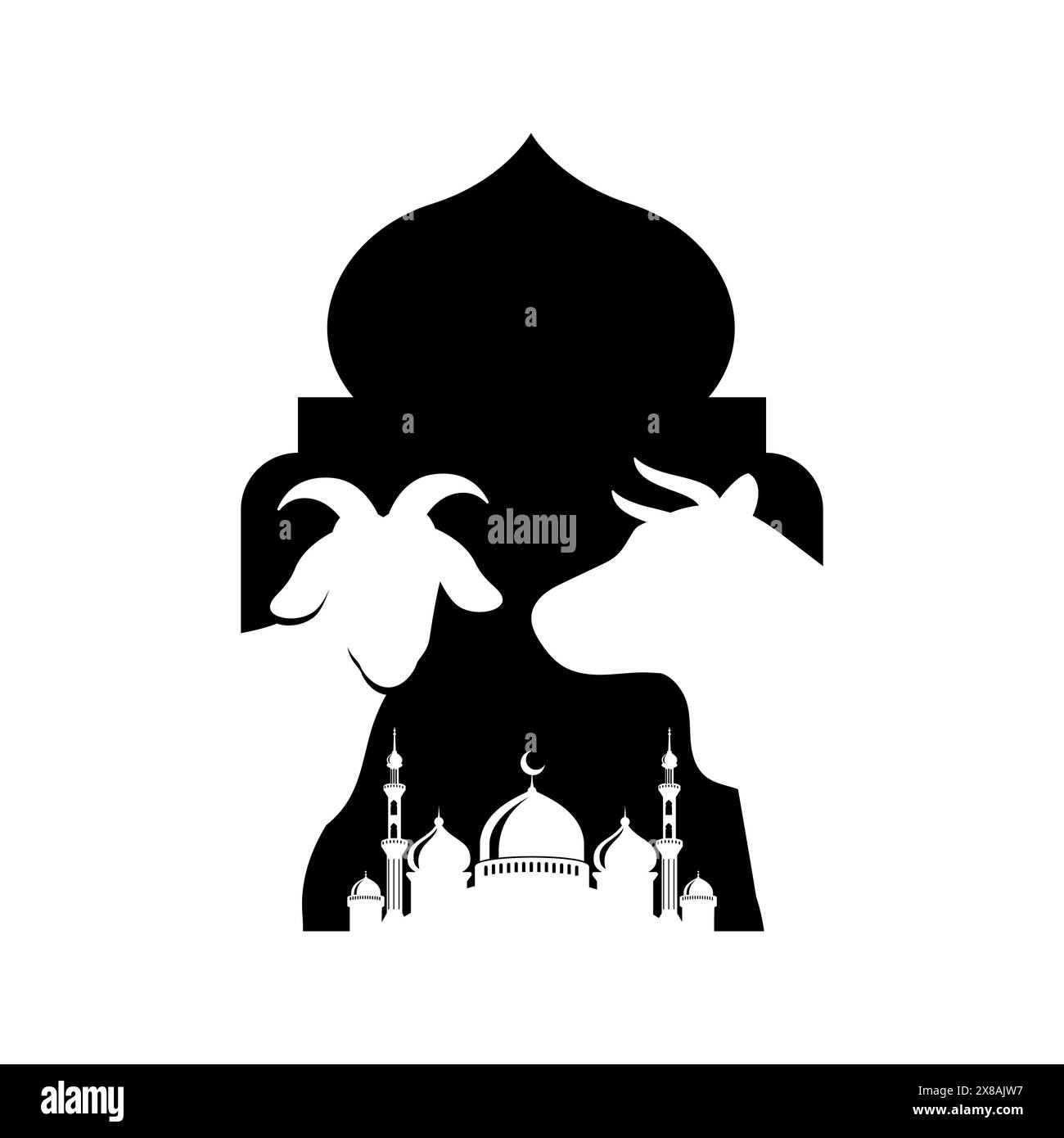 Fond de vecteur Eid al-Adha Mubarak Silhouette. Vache et chèvre isolées sur la mosquée arche Illustration de Vecteur