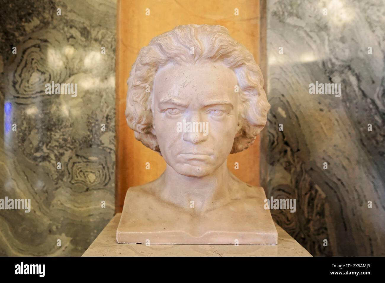 Semperoper, Dresde, Saxe, Allemagne, Europe, buste en marbre de Beethoven sur un piédestal, sculpture détaillée aux subtilités artistiques, Europe Banque D'Images