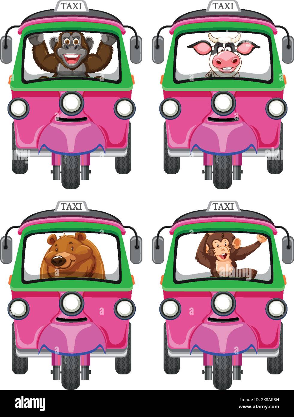 Animaux de dessins animés dans les taxis, joyeux et colorés Illustration de Vecteur