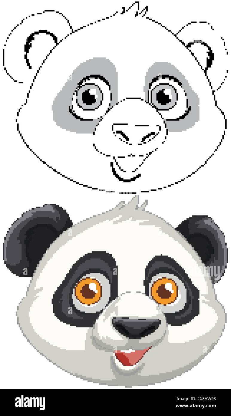 Adorables visages de panda en couleur et contour Illustration de Vecteur
