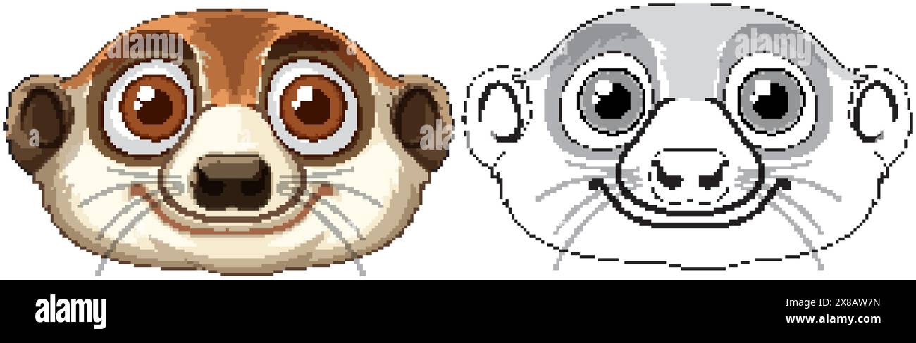 Faces de suricat couleur et niveaux de gris côte à côte Illustration de Vecteur