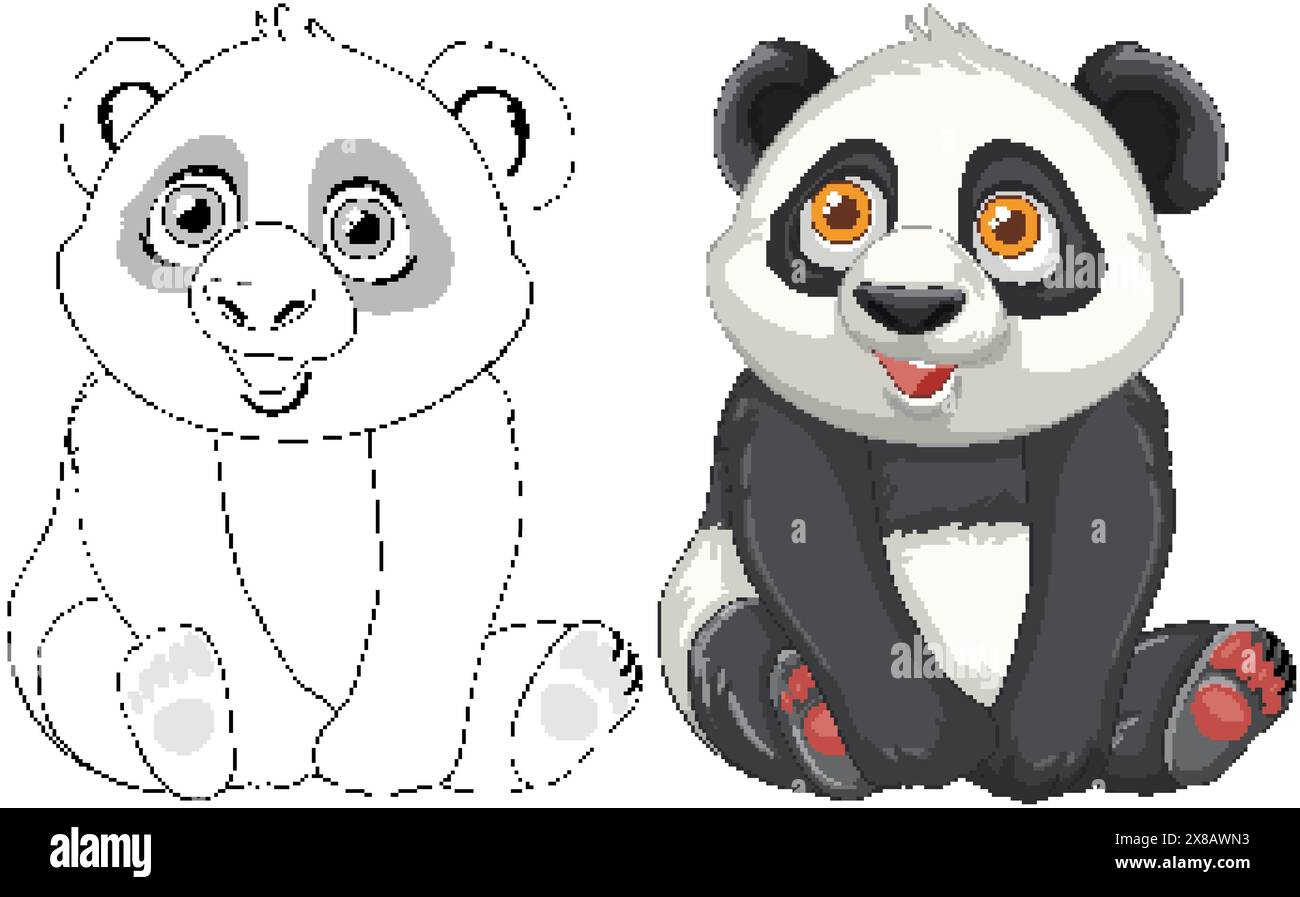 Adorable panda avec des versions colorées et contours Illustration de Vecteur