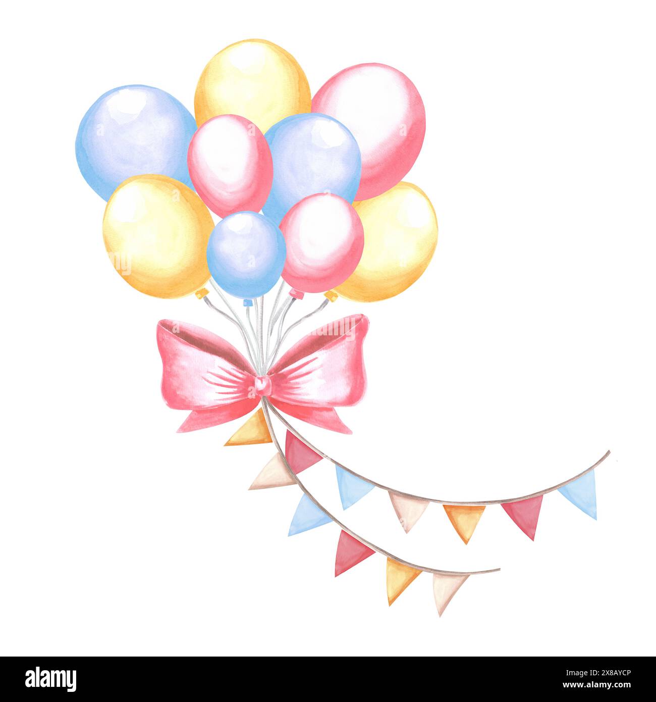 Banche de ballons d'hélium avec arc et guirlande de fanions. Clipart festif coloré joyeux anniversaire. Illustration aquarelle dessinée à la main modèle isolé pour Banque D'Images