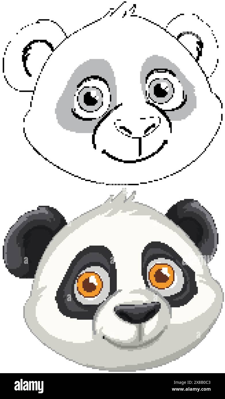Deux adorables visages de panda, l'un coloré, l'autre délimité Illustration de Vecteur