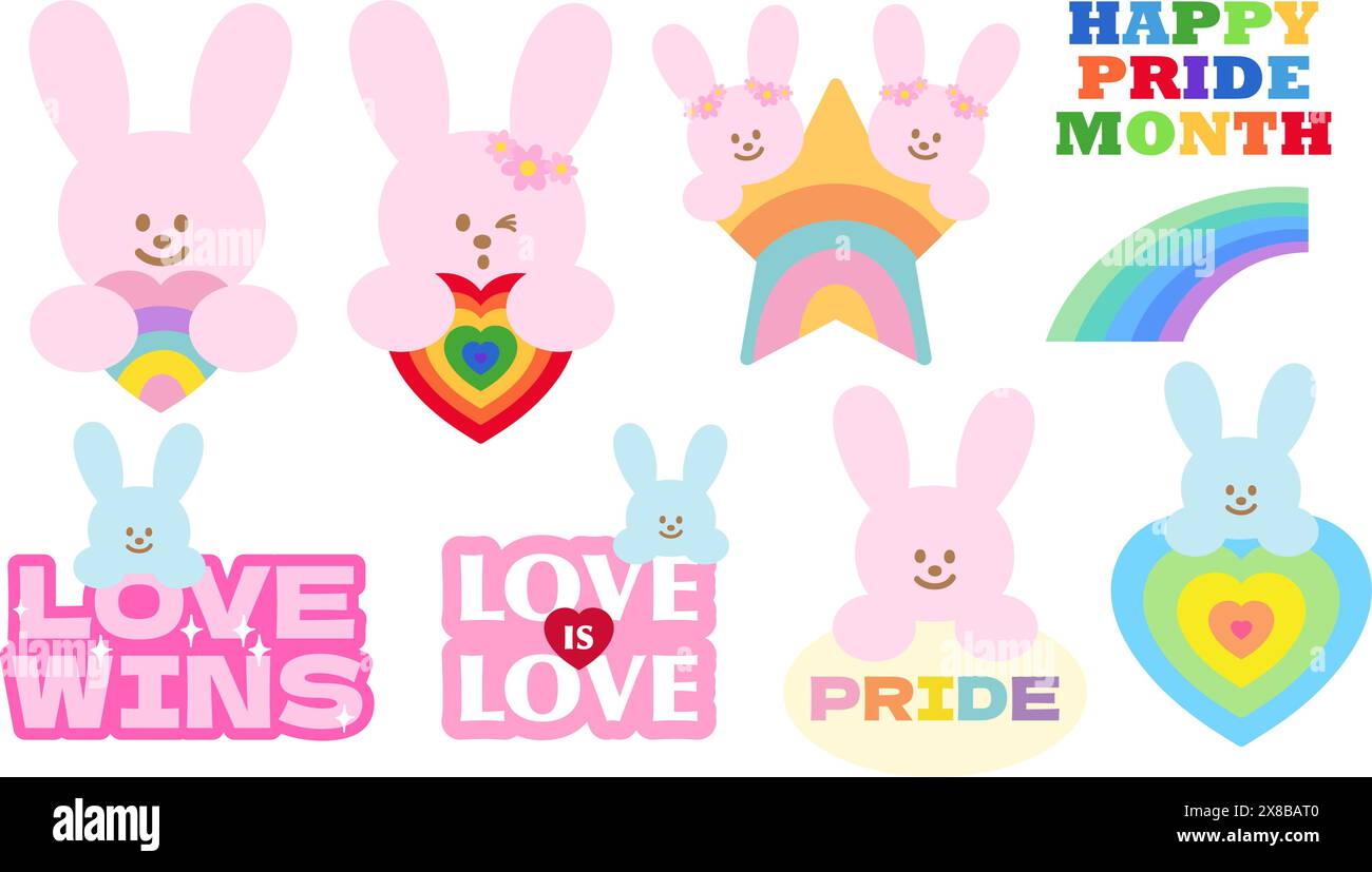 Happy Pride Month avec lapin et arc-en-ciel éléments pour logo, icône, autocollant, tatouage, animal de compagnie, vet, animalerie, décorations, impression de chemise, signe d'amour, symbole Illustration de Vecteur