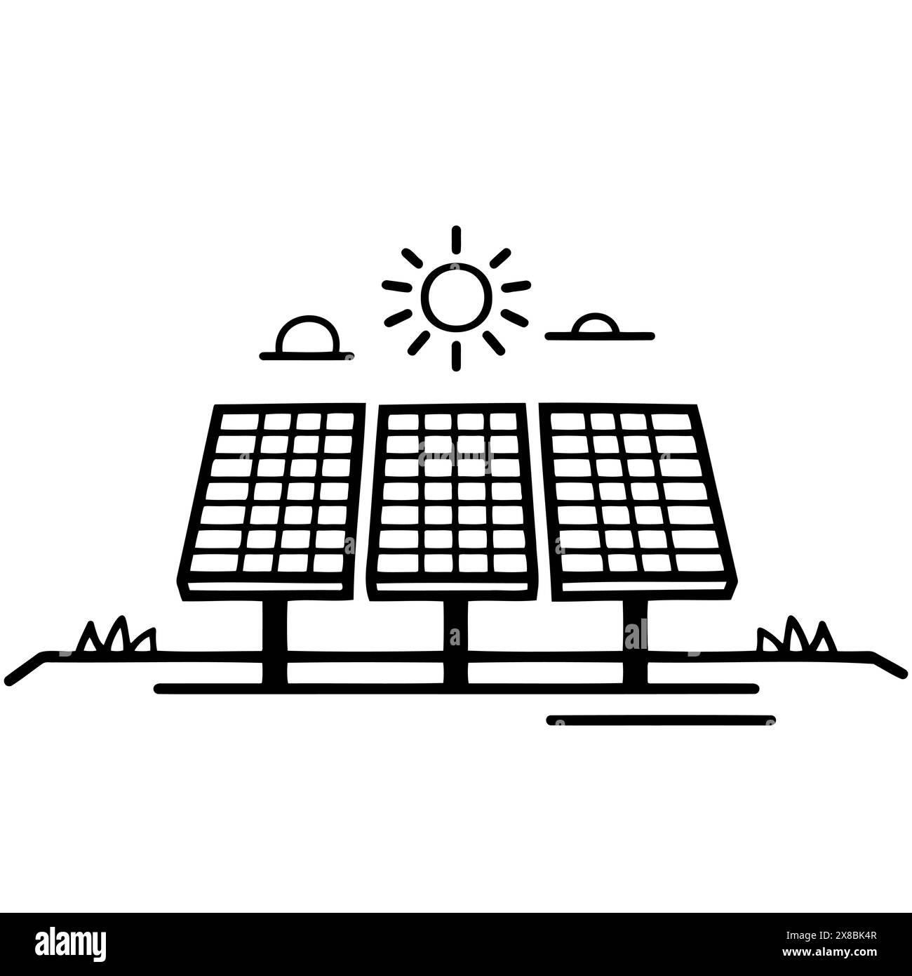 Un dessin en noir et blanc d'un panneau solaire avec le soleil brillant Illustration de Vecteur