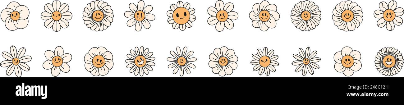 Mignon visage de fleurs de Marguerite avec emoji souriant. Personnage de dessin animé rétro groovy avec expression heureuse. Autocollant graphique Y2K. Illustration vectorielle plate isolée Illustration de Vecteur