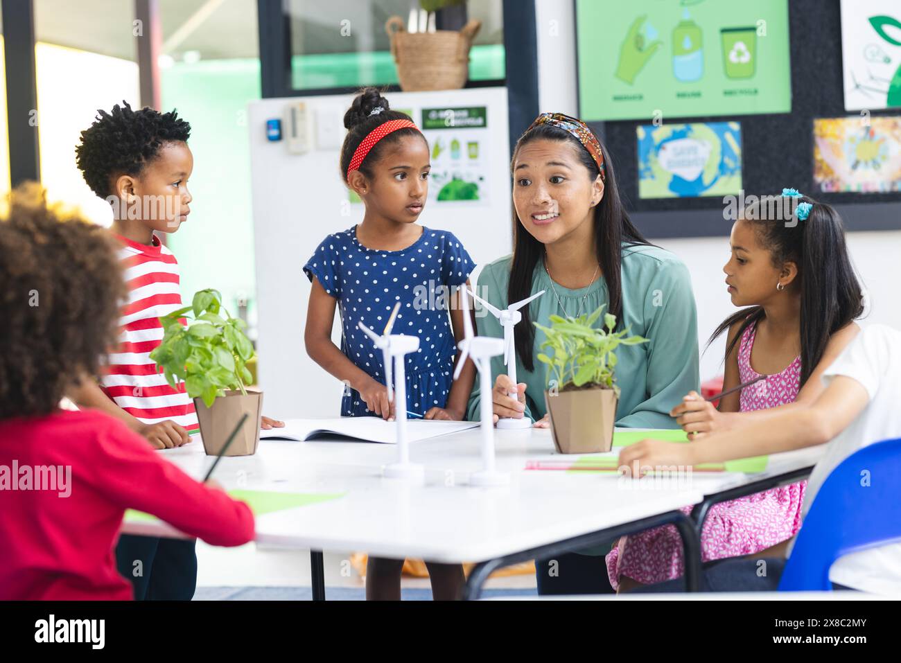 À l'école, un groupe diversifié d'élèves et leur enseignant discutent de la durabilité en classe Banque D'Images