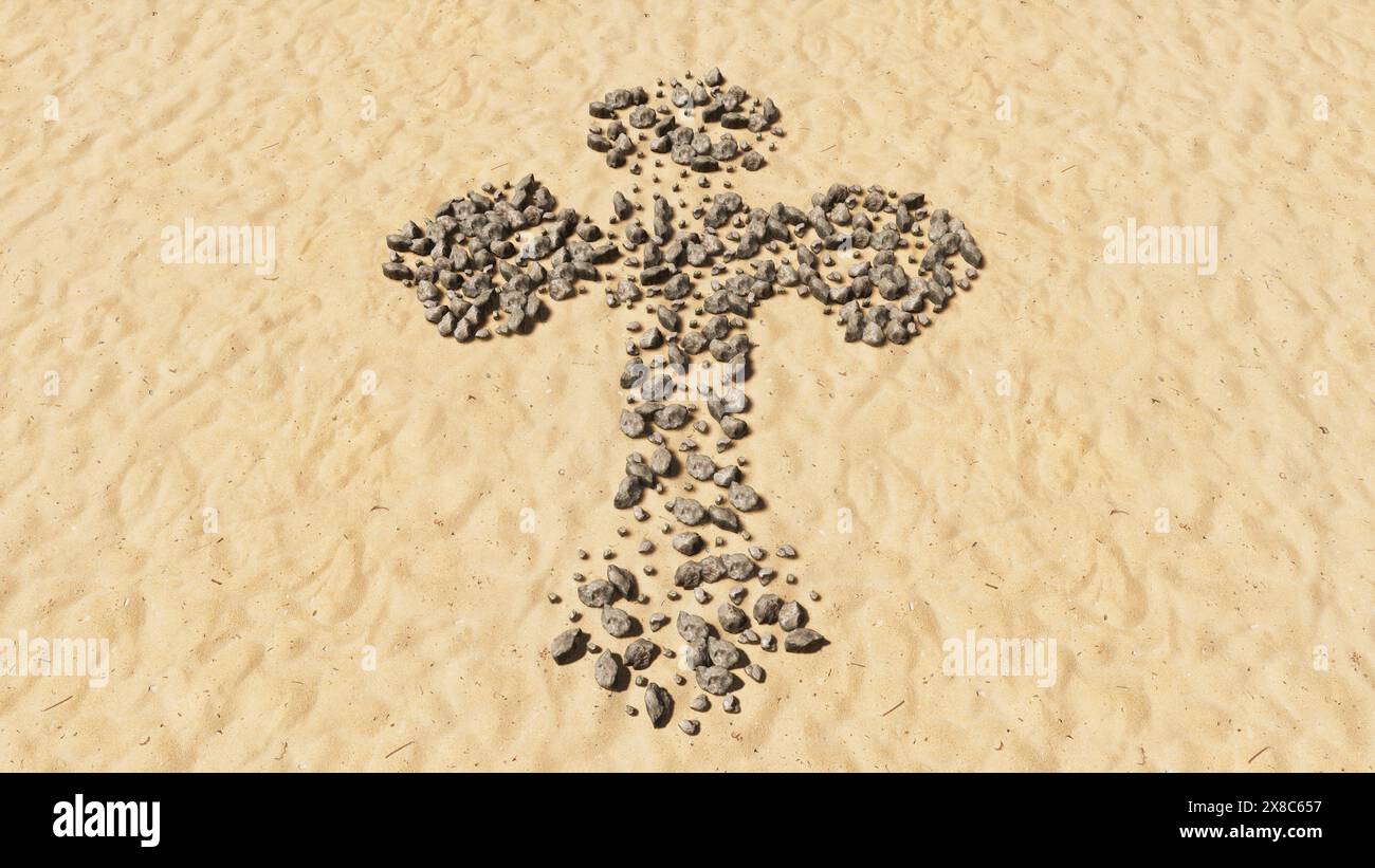 Concept pierres conceptuelles sur plage sable forme de symbole fait à la main, fond de sable doré, croix chrétienne.Une métaphore d'illustration 3d pour Dieu, Christ Banque D'Images