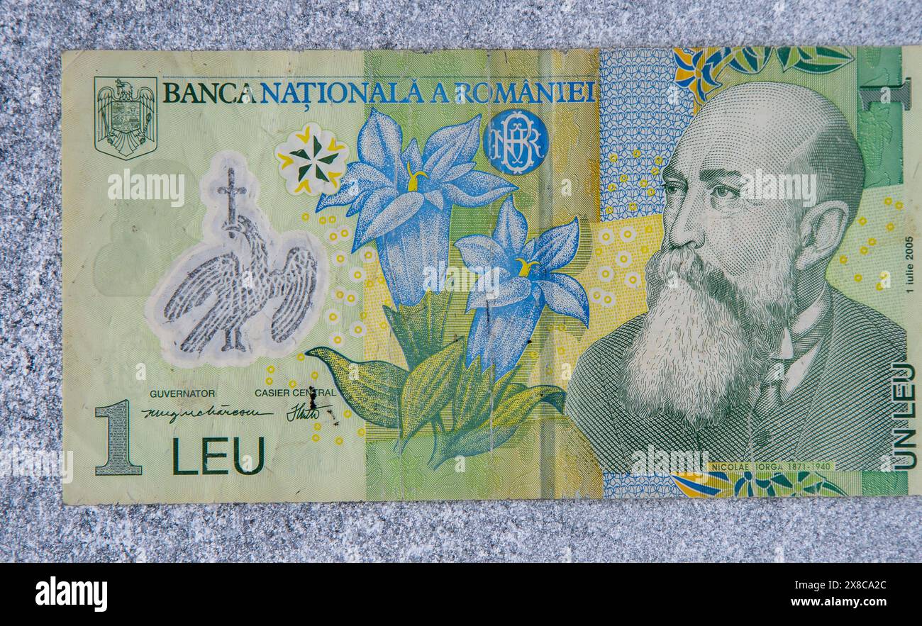 1 leu monnaie roumaine. Papier-monnaie. Billet de banque Banque D'Images
