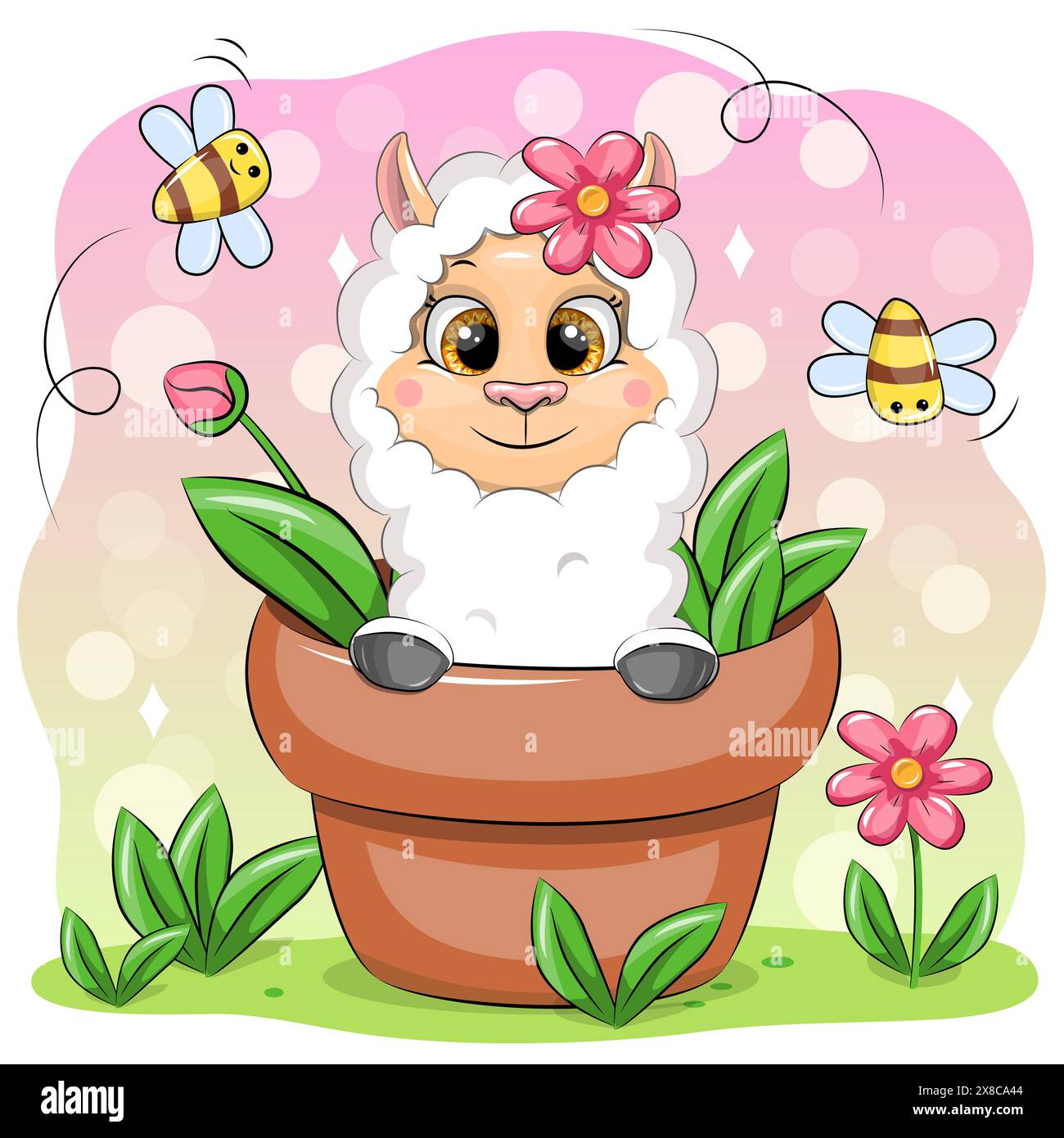 Mignon lama de dessin animé dans un pot de fleurs avec des abeilles et des fleurs. Illustration vectorielle de l'animal dans la nature. Illustration de Vecteur