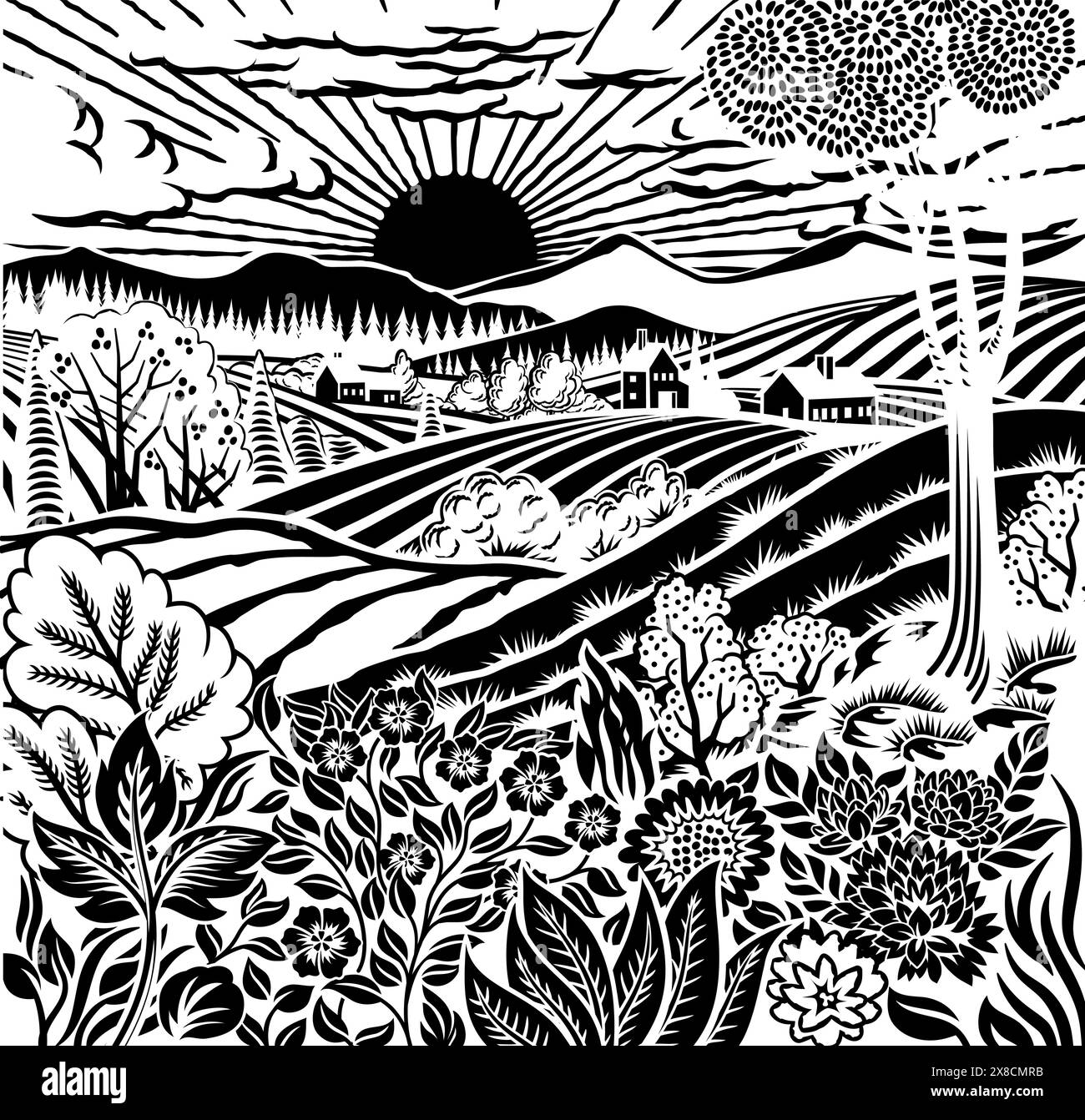 Champs Rolling Hills Farm Land fleurs arrière-plan Illustration de Vecteur