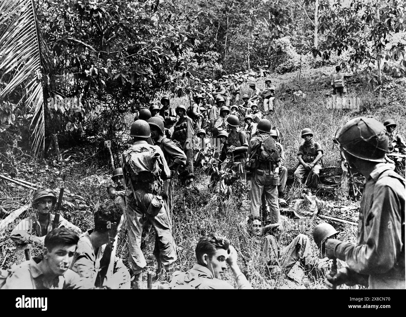 Guadalcanal. Troupes de la 164e infanterie au repos dans la jungle pendant la campagne de Guadalcanal, 1942/3 Banque D'Images