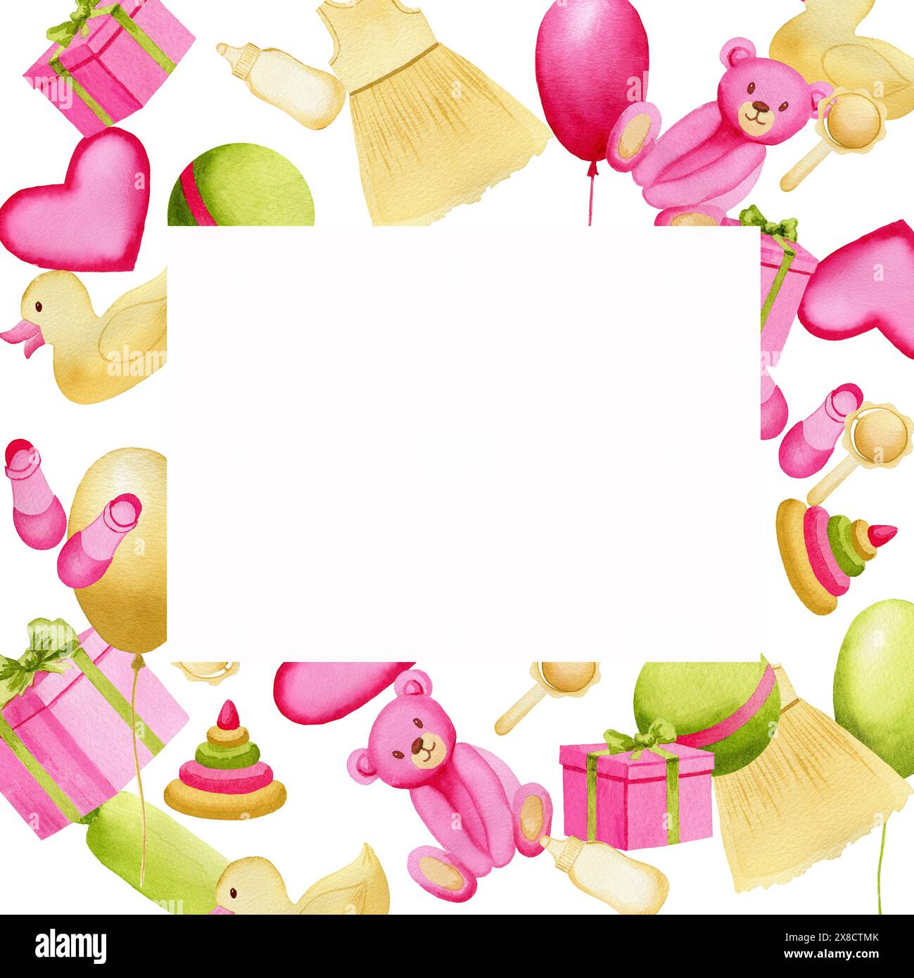 Carte postale avec ours, jouets, ballons, boîtes-cadeaux, pyramide, robe, coeur, balle, canard jouet dessiné à l'aquarelle avec espace de copie carré, pour les garçons sur b blanc Banque D'Images Carte postale avec ours, jouets, ballons, boîtes-cadeaux, pyramide, robe, coeur, balle, canard jouet dessiné à l'aquarelle avec espace de copie carré, pour les garçons sur b blanc Banque D'Images