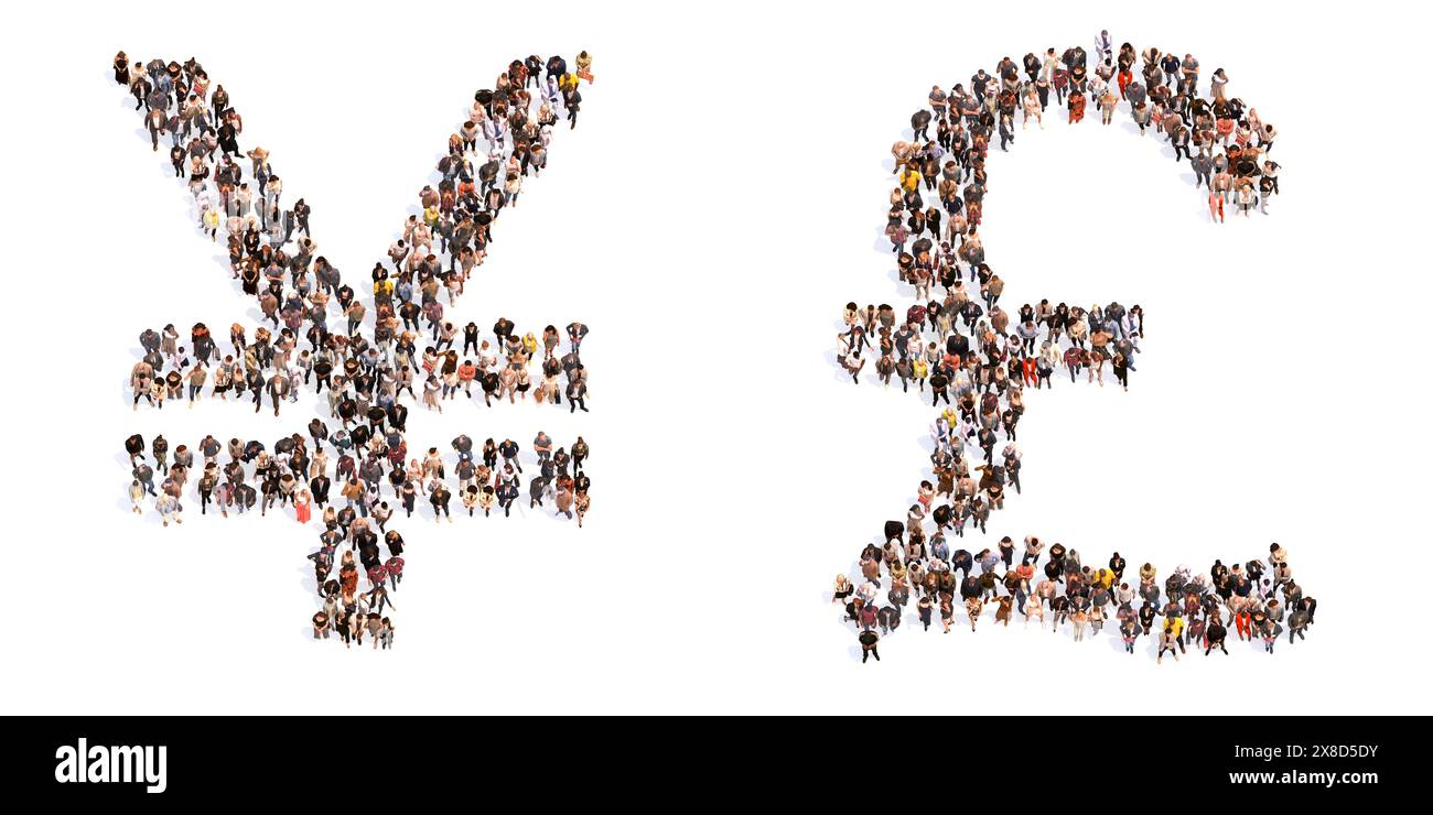 Concept ou conceptuel grande communauté de personnes formant les polices ¥ et £. 3d métaphore de l'illustration pour l'unité et la diversité, humanitaire, travail d'équipe, Banque D'Images