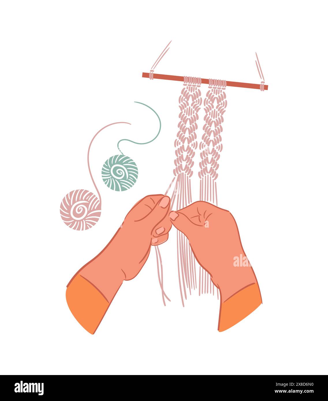 Les mains tissent un panneau de macramé avec des boules de fil à proximité. boho. Fait à la main. Hobbies, intérêts. Décoration intérieure. Bien-être, méditation. Vecteur illu Illustration de Vecteur