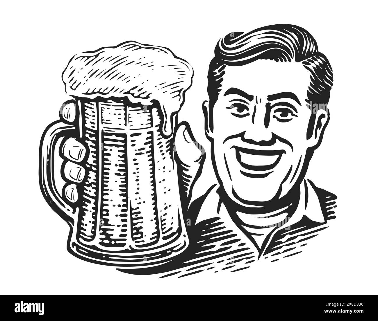 Heureux homme d'âge moyen avec tasse de bière artisanale. Brasserie, concept pub. Illustration vectorielle noir et blanc Illustration de Vecteur